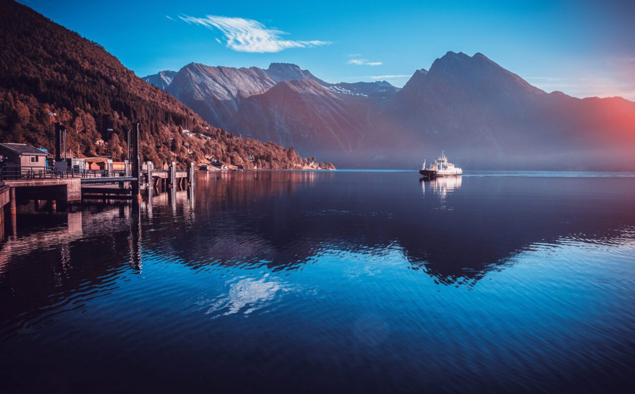 Fjord with ferry