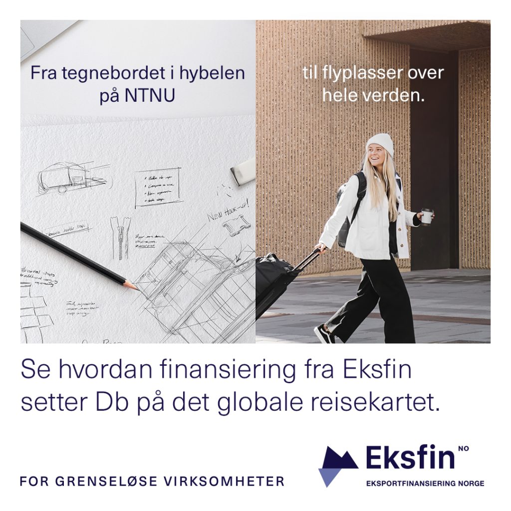 Eksfin egenannonse med Db Journey som eksempel på en "grenseløs virksomhet" som med finansiering fra Eksfin har "reist fra tegnebordet på NTNU til flyplasser over hele verden".  